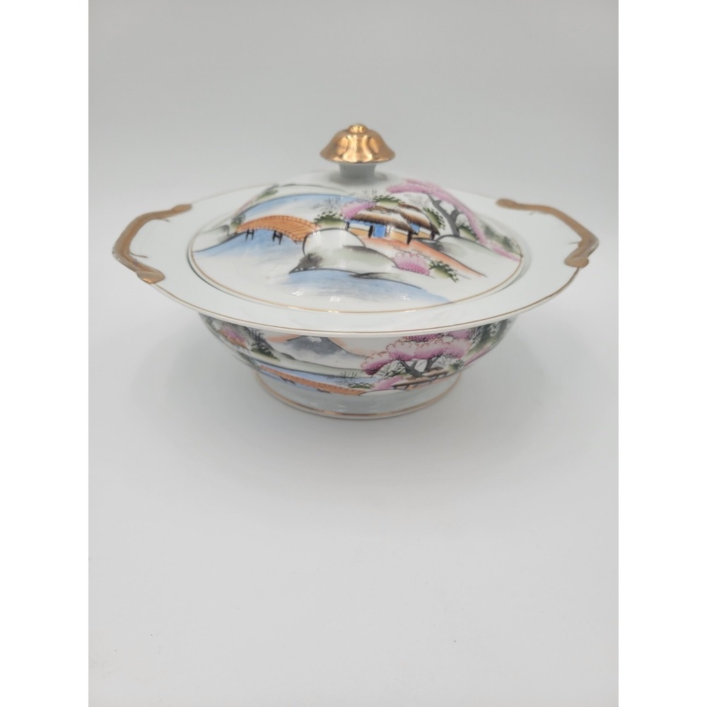 Kutani China Tureen Japan Bridge Textured pink trees KUT21‎ bowl lid AS-IS